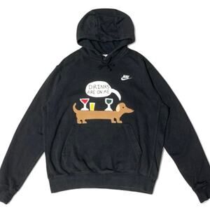 Custom Upcycled Nike “Drinks Are On Me” Dachshund Patchwork Hoodie Medium